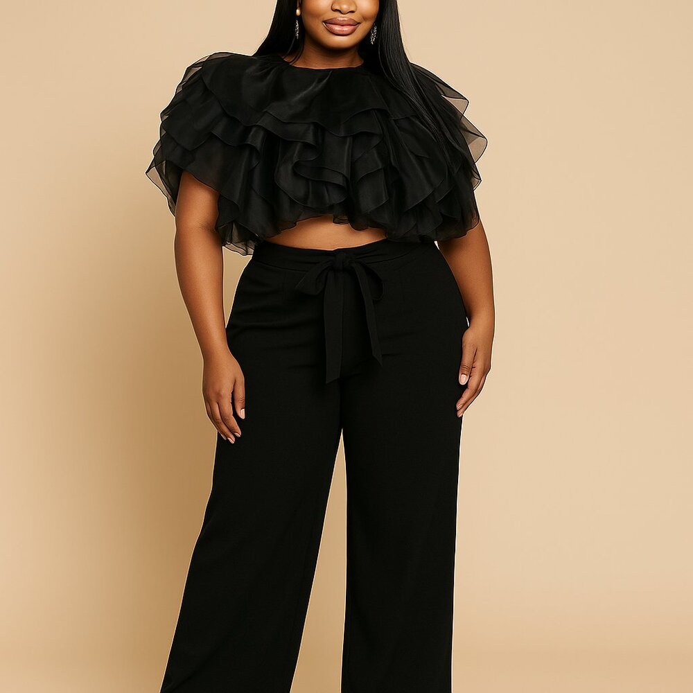 Black Organza Ruffle Crop Top – Sheer Layered Statement Blouse